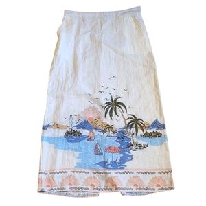 M 100% Linen Skirt Cynthia Rowley Tropical Print Maxi in Cream and Blue